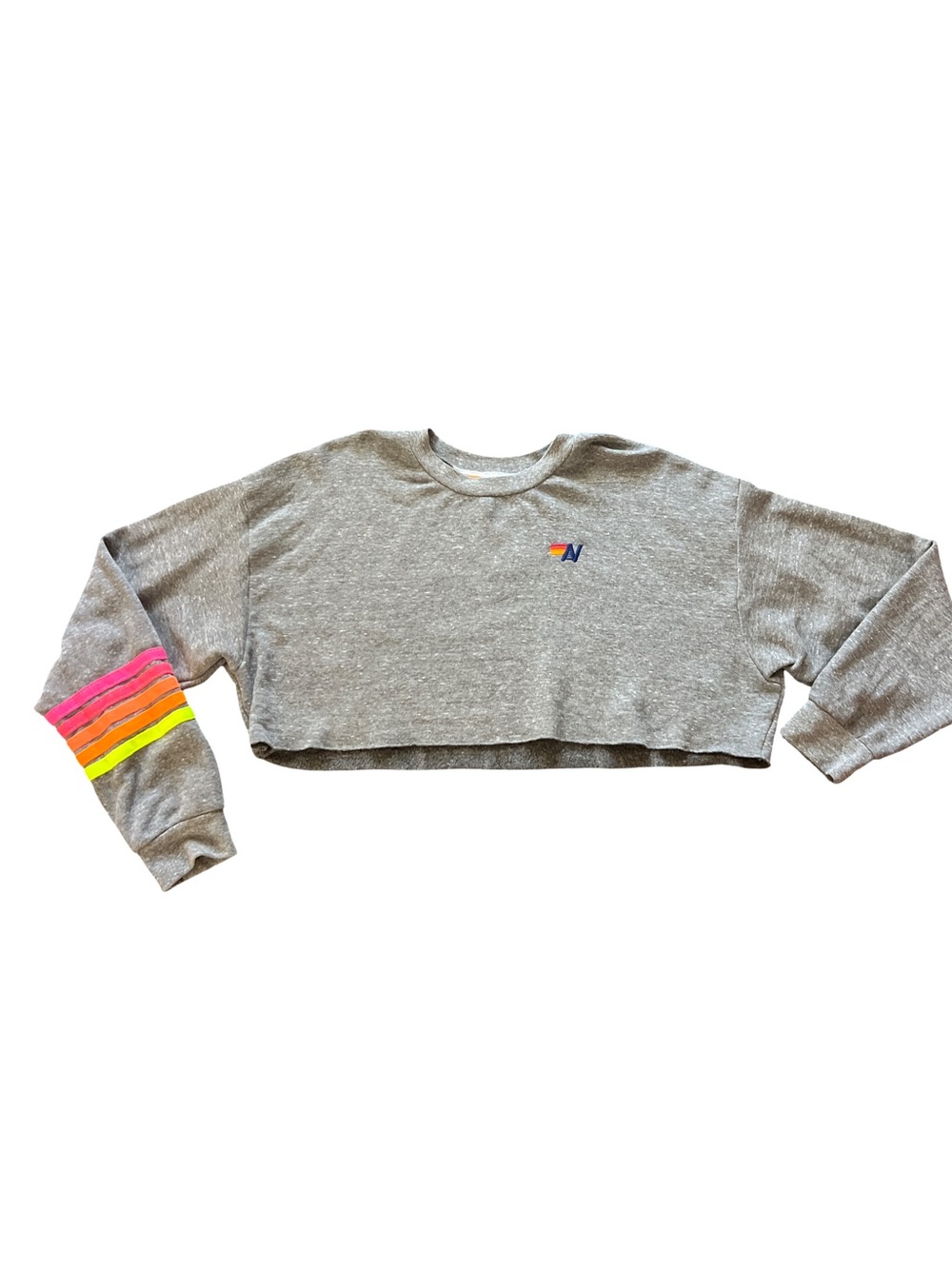 Aviator Nation Heather Gray Cropped Sweatshirt with Neon Sleeve Stripes
